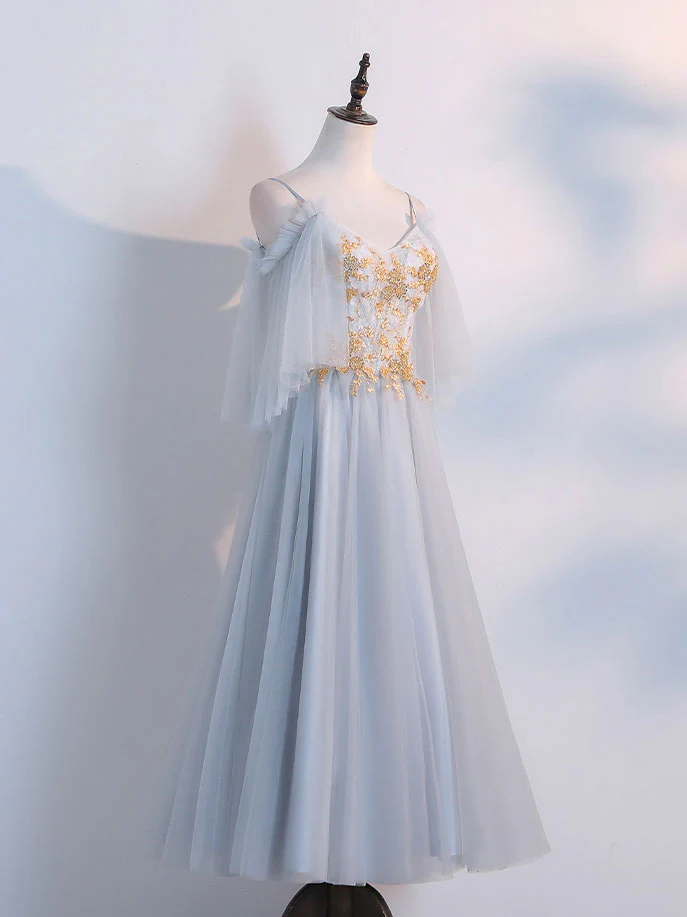 Simple Tulle Lace Gray Prom Dresses, Tea Length Lace Bridesmaid Dresses - Deanwangkt