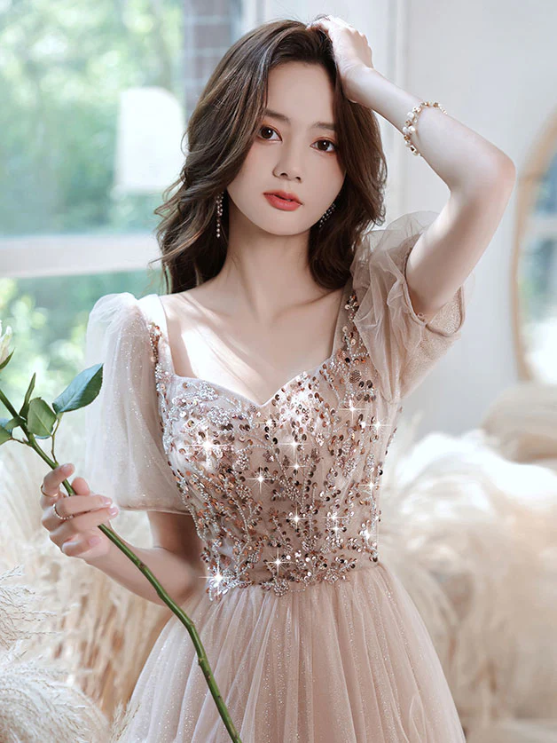 Champagne A-line Tulle Beads Prom Dress, Tulle Bridesmaid Dress - Deanwangkt