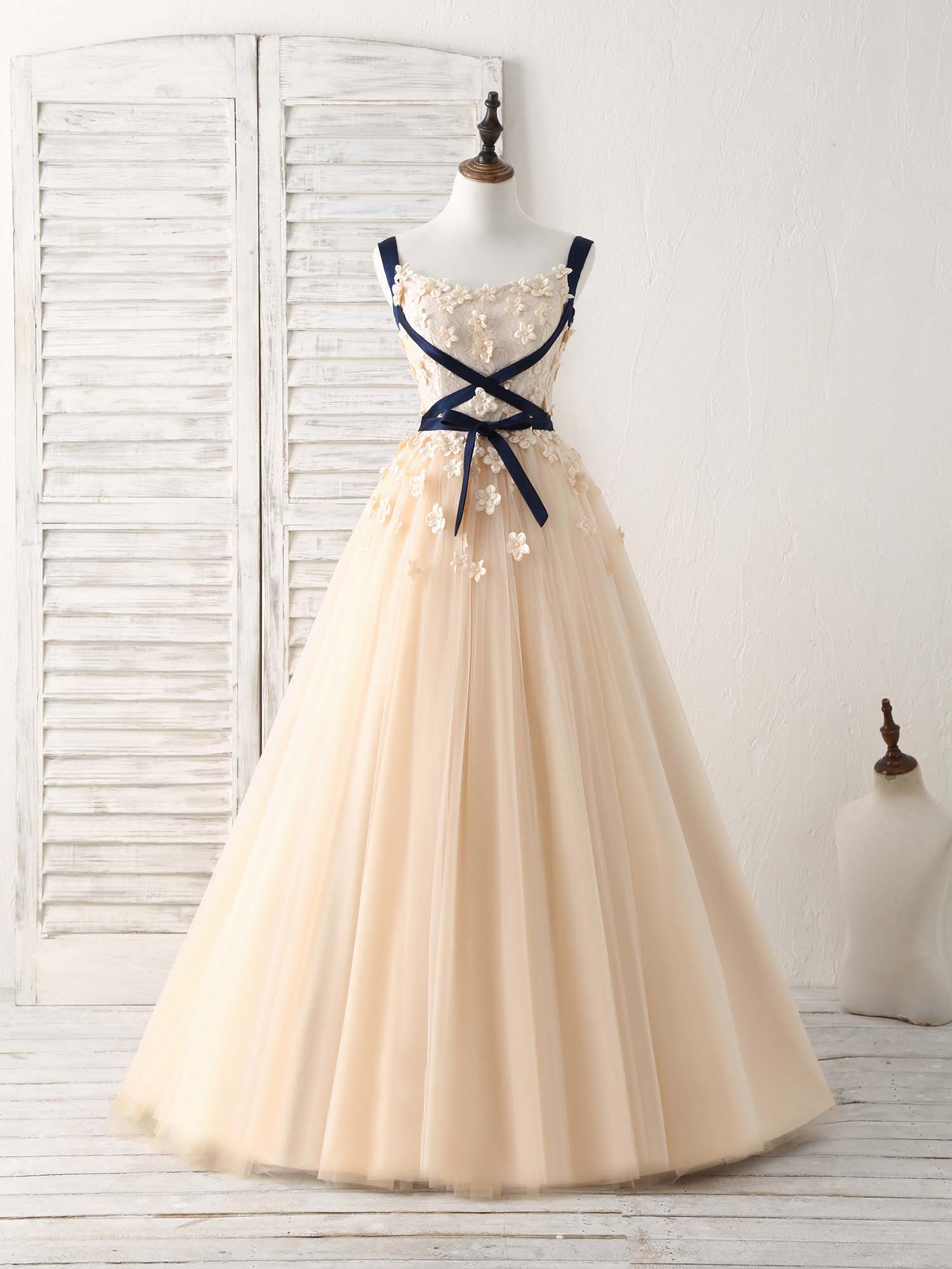 Unique Champagne Lace Tulle Long Prom Dress, Champagne Evening - Deanwangkt