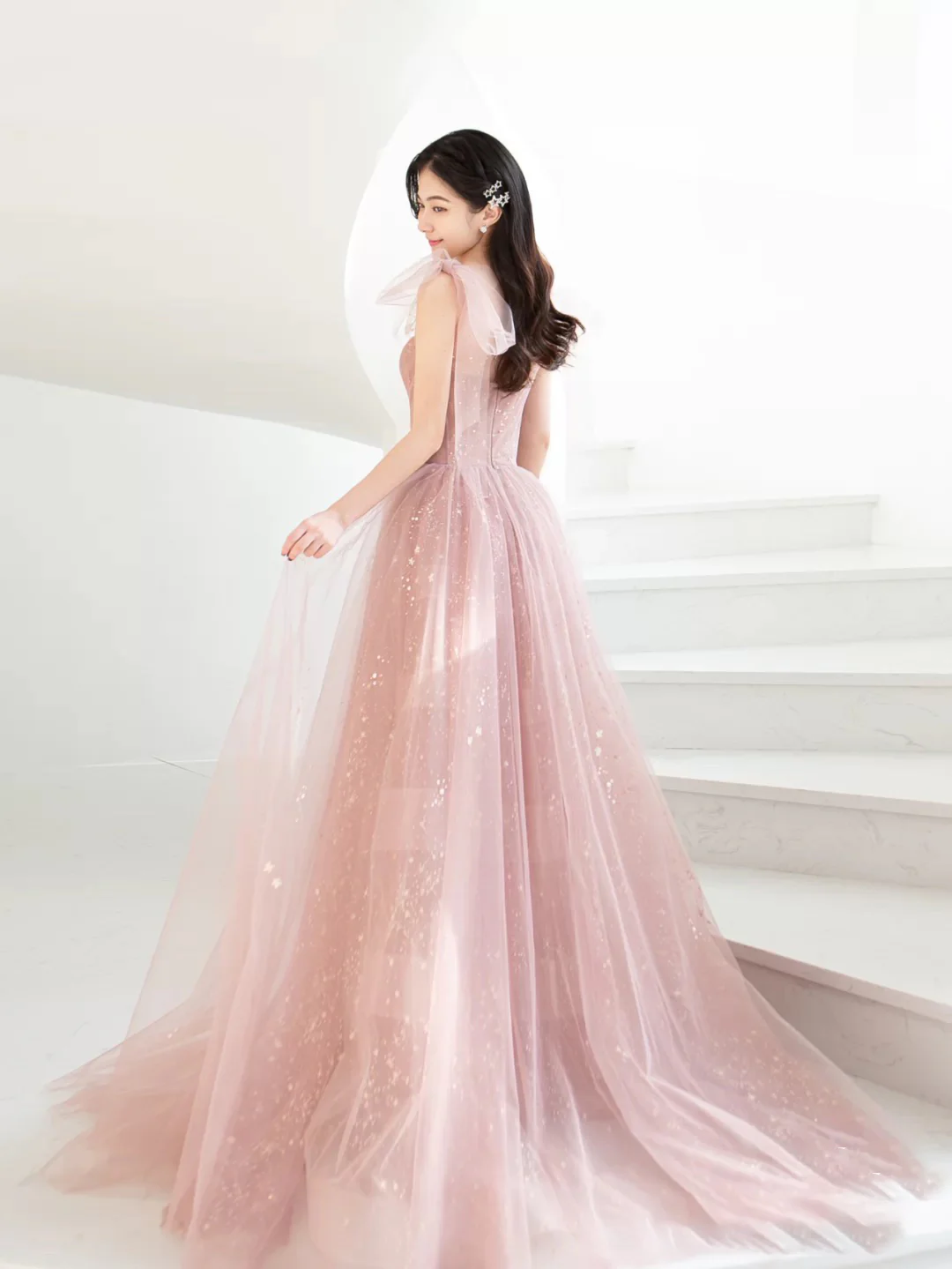 Simple Pink A Line Tulle Long Prom Dress, Pink Tulle Formal Dress - Deanwangkt