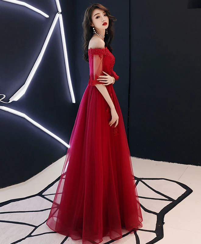 Simple Tulle Lace Long Burgundy Prom Dress, Burgundy Tulle Evening Dress - Deanwangkt