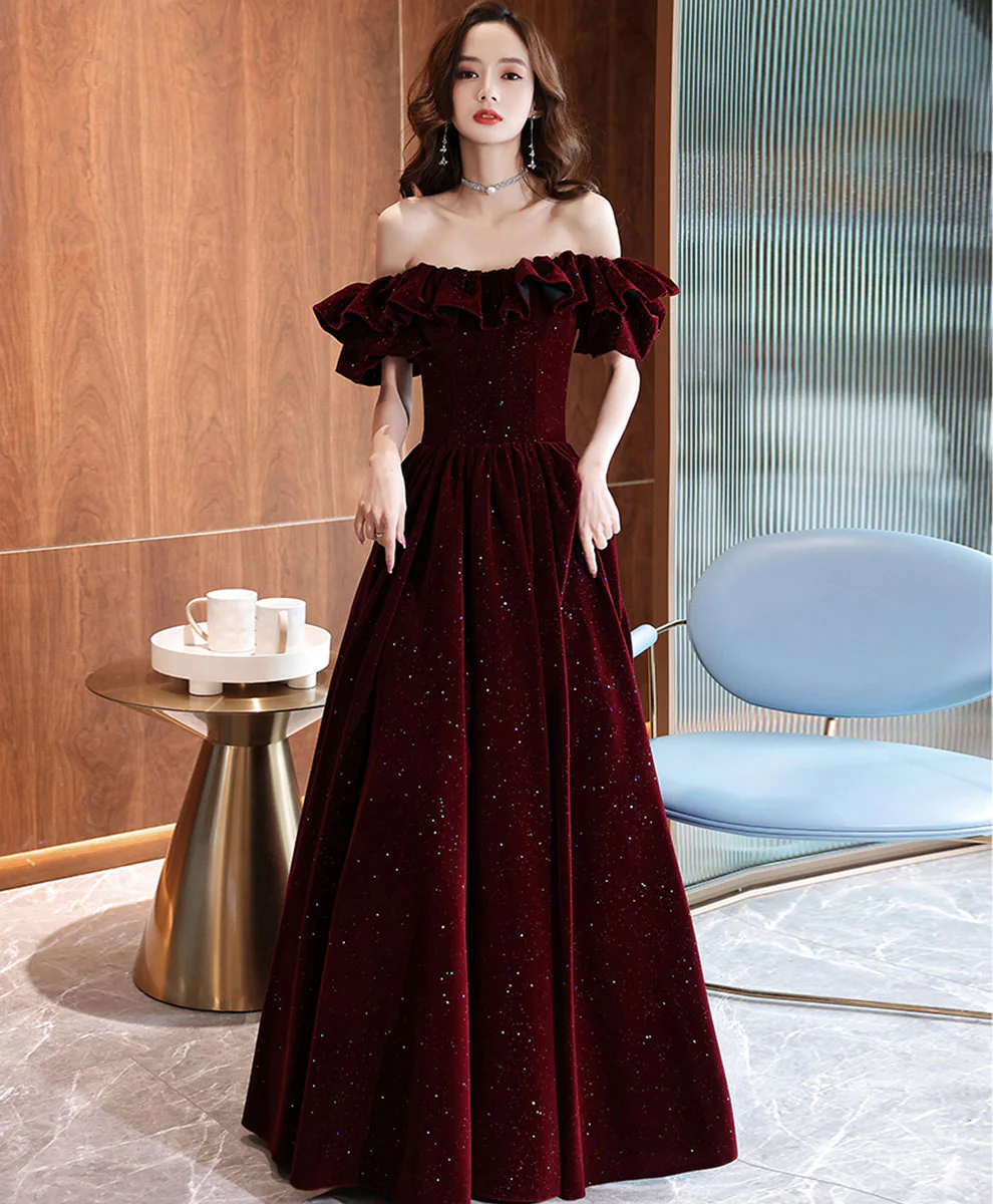 Simple Burgundy Velvet Long Prom Dress Burgundy Bridesmaid Dress - Deanwangkt