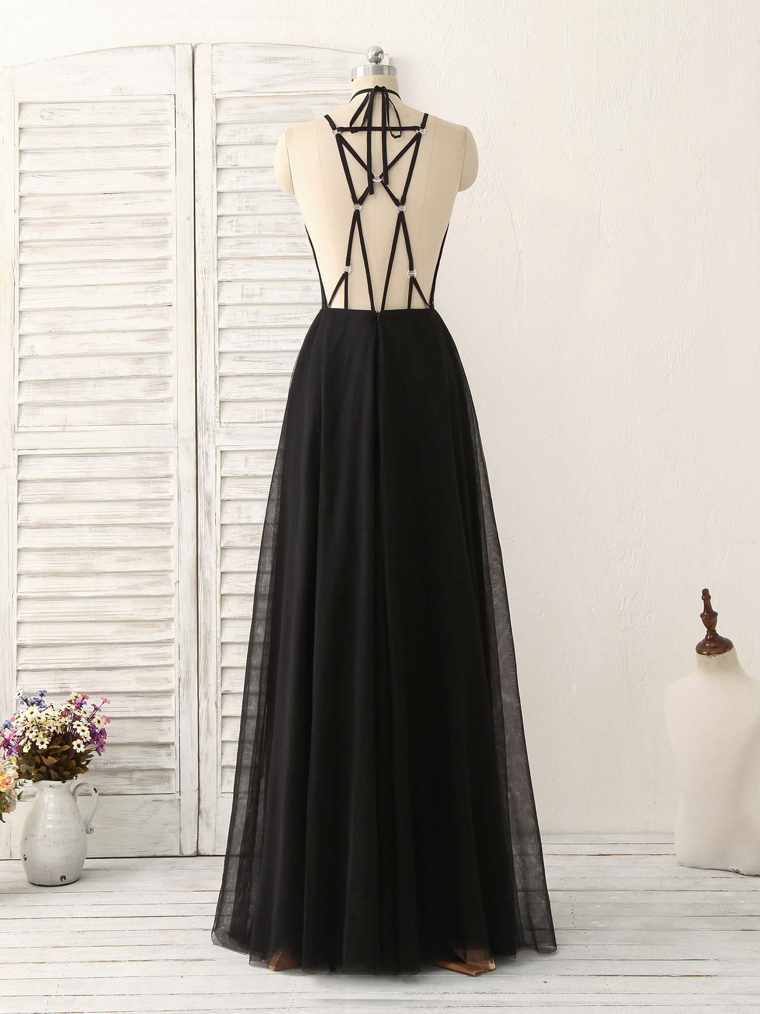 Black Tulle Backless Long Prom Dress, Black Evening Dress - Deanwangkt