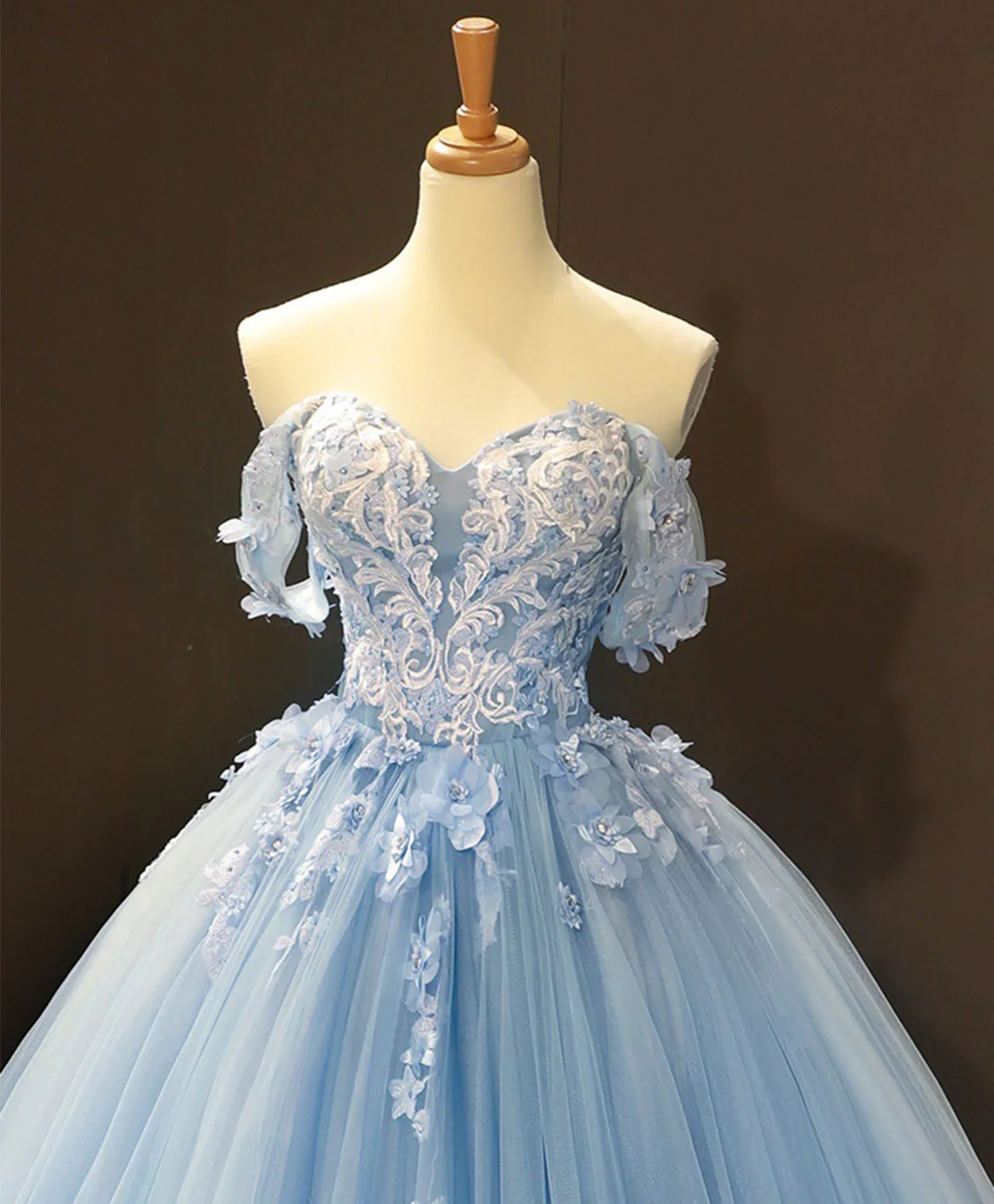 Blue Off Shoulder Tulle Lace Long Prom Dress, Blue Formal Ball Gown Evening Dress - Deanwangkt