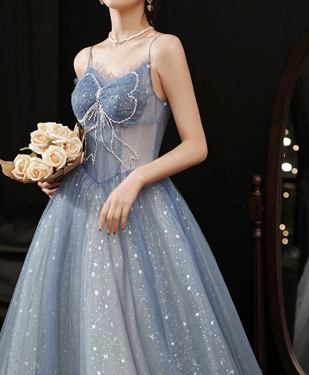 Blue Tulle Beads Long Prom Dress, Blue Sweet 16 Dress with Beading Sequin - Deanwangkt