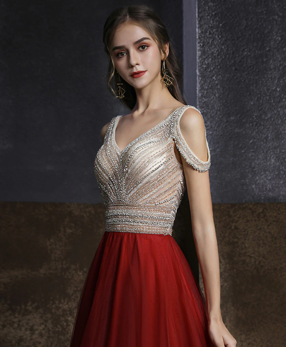 Burgundy V Neck Beading Long Prom Dress, Burgundy Long Formal Graduation Dress - Deanwangkt