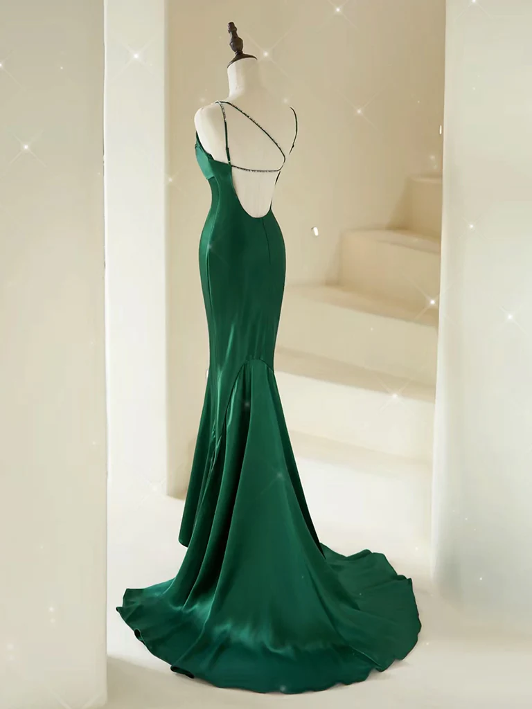 Mermaid V Neck Satin Green Long Prom Dress, Green Long Evening Dress - Deanwangkt