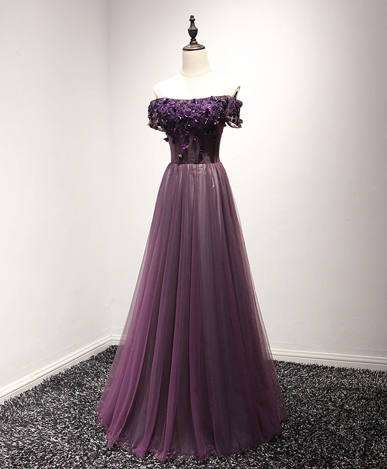 Purple Tulle Lace Off Shoulder Long Prom Dress, Purple Evening Dress - Deanwangkt