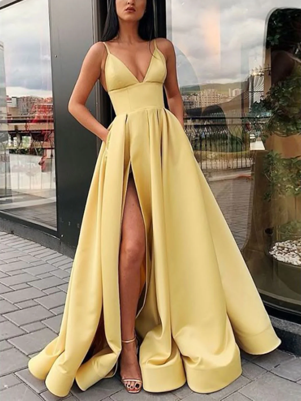 Simple A-line V Neck Satin Long Prom Dress, Satin Graduation Dresses - Deanwangkt