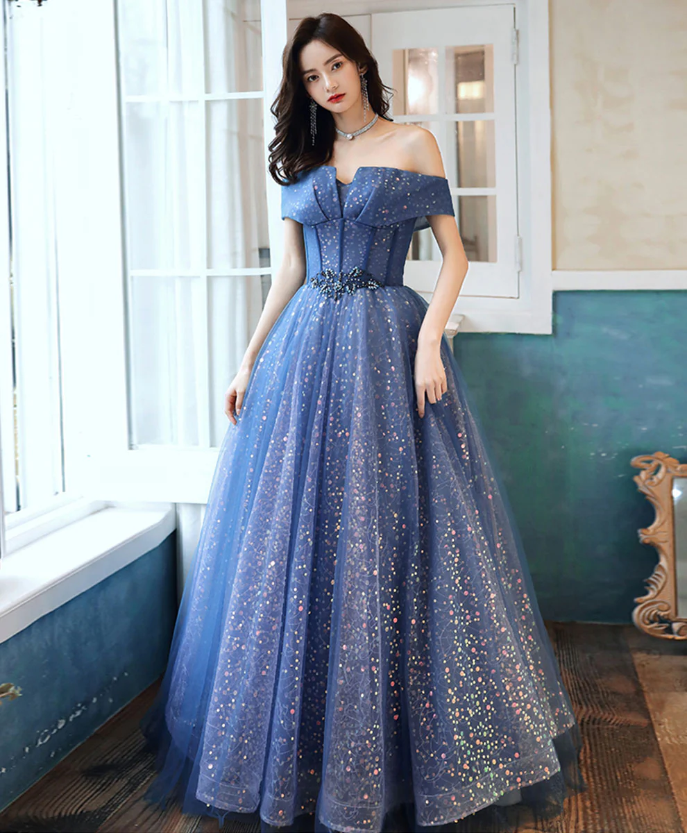 Blue Tulle Off Shoulder Long Prom Dress, Shiny Blue Formal Evening Dress - Deanwangkt