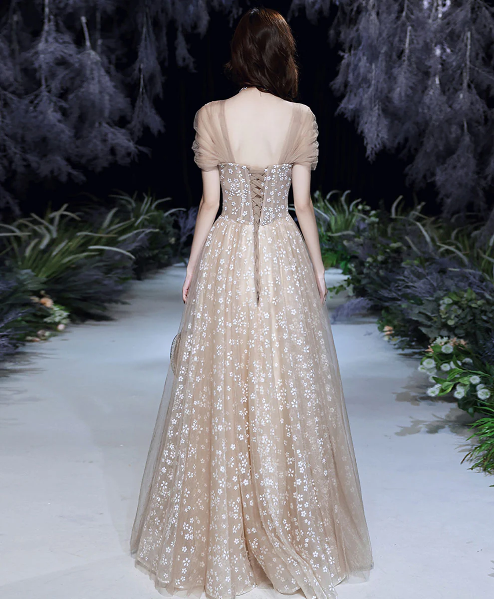 Champagne Tulle Long Prom Dress, Champagne Formal Party Dress with Beading - Deanwangkt