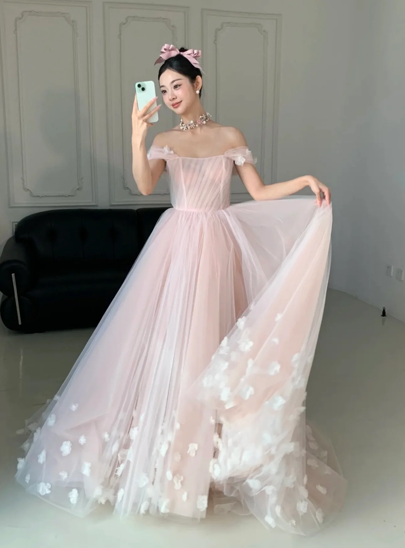 A-Line Off Shoulder Tulle Flower Pink Long Prom Dress, Pink Long Evening Dress - Deanwangkt