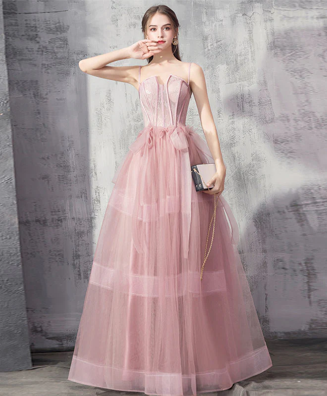 Pink Tulle Lace Long Prom Dress, Pink Evening Graduation Dress - Deanwangkt