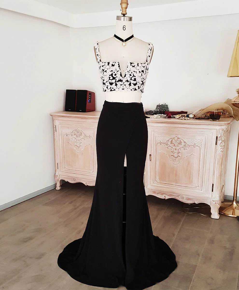 Black Lace Two Pieces Long Prom Dress, Black Evening Dress with Lace Beading - Deanwangkt