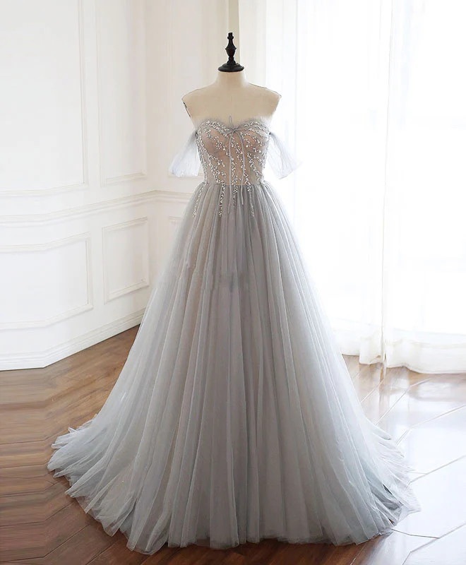 Gray Sweetheart Tulle Beads Long Prom Dress Gray Tulle Formal Dress - Deanwangkt