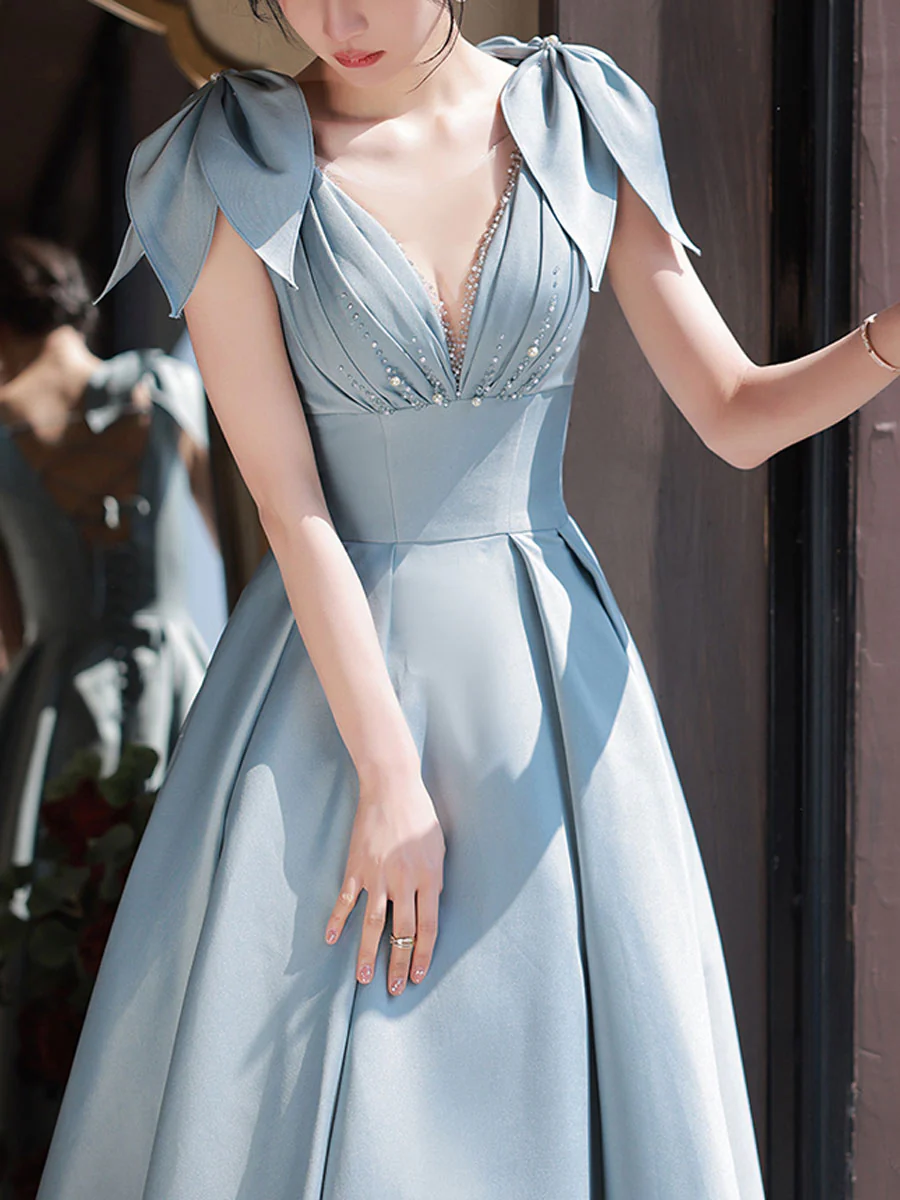 Blue V Neck Satin Long Prom Dress, Blue Satin Evening Dresses - Deanwangkt