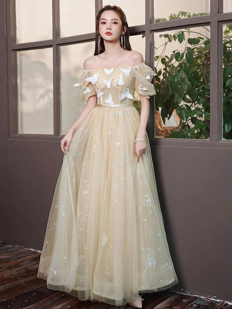 Champagne Tulle Lace Long Prom Dress, Champagne Tulle Formal Dress - Deanwangkt