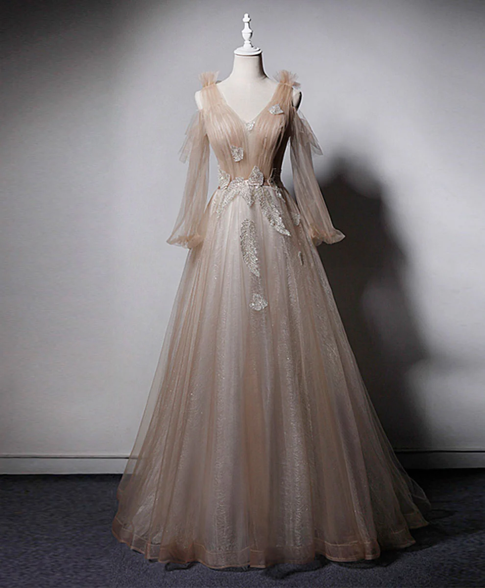 Champagne V Neck Tulle Lace Long Prom Dress, Champagne Formal Evening Dress - Deanwangkt