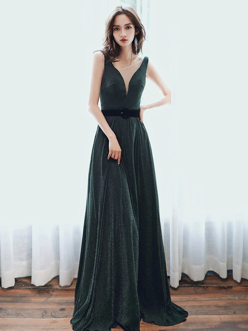 Simple Green V Neck Long Prom Dresses, Green Evening Dresses - Deanwangkt