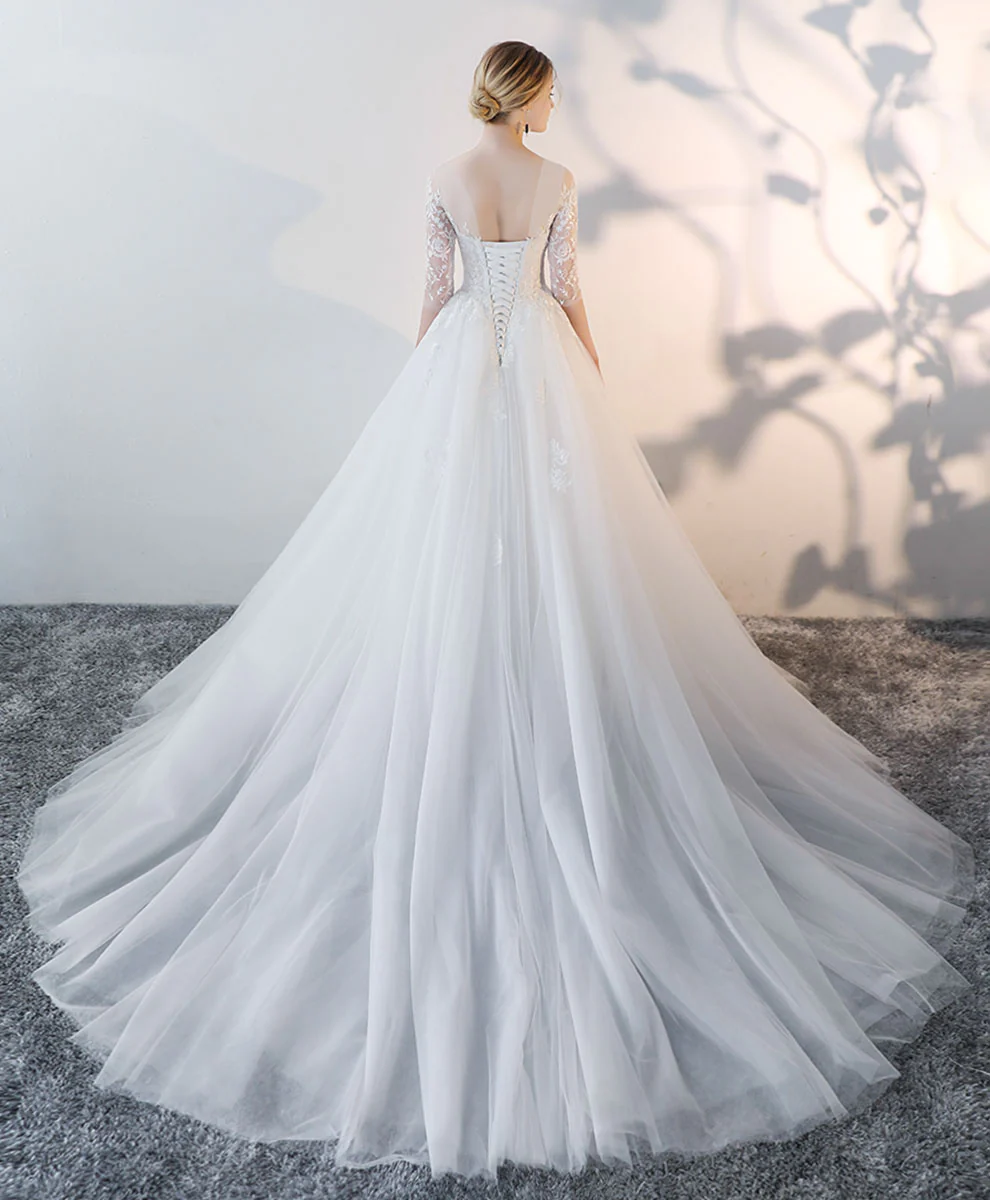 White Round Neck Tulle Lace Long Bridal Gown Lace Wedding Dress - Deanwangkt