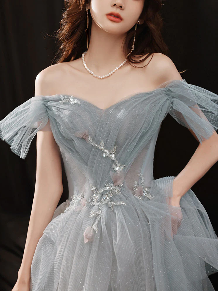 Gray Blue Sweetheart Neck Tulle Long Prom Dress Gray Evening Dress - Deanwangkt