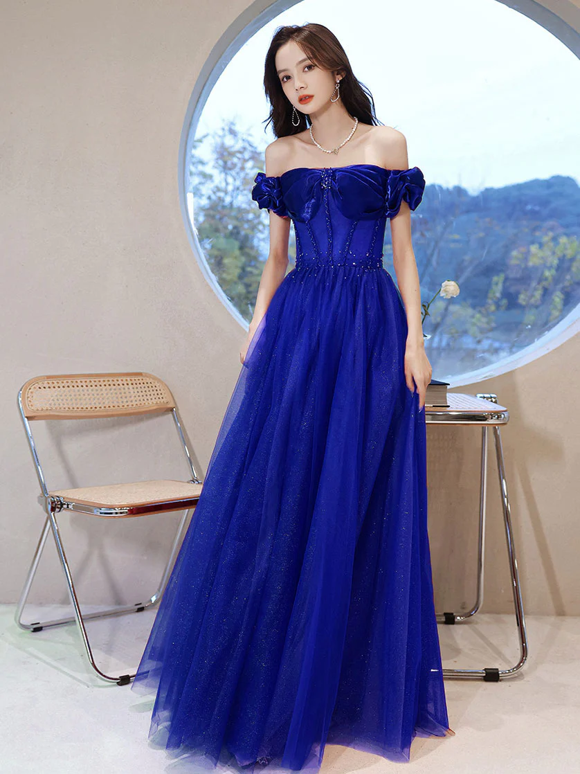 Burgundy Off Shoulder Tulle Long Prom Dress, Burgundy Formal Dresses - Deanwangkt