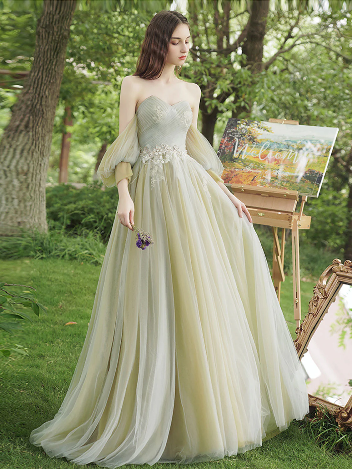 A-Line Green Tulle Lace Long Prom Dress, Green Lace Formal Dress - Deanwangkt