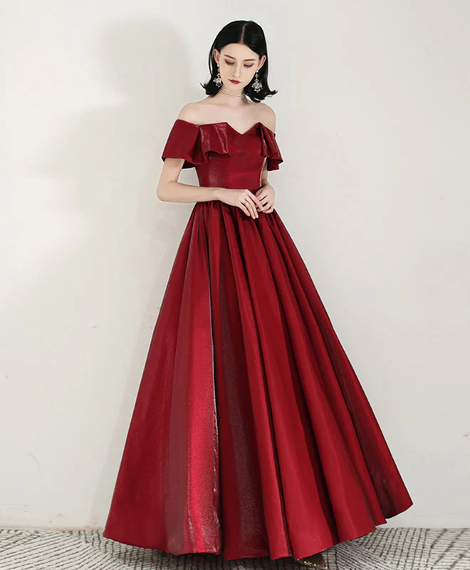 Simple Sweetheart Satin Burgundy Long Prom Dress Evening Dress - Deanwangkt