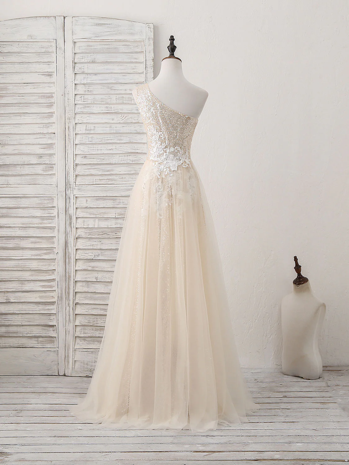 Unique Champagne Tulle Sequin Long Prom Dress, Champagne Evening Dress - Deanwangkt