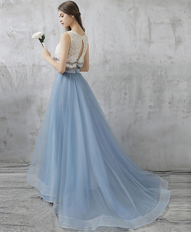Gray Blue Two Pieces Tulle Long Prom Dress, Gray Blue Evening Dress - Deanwangkt