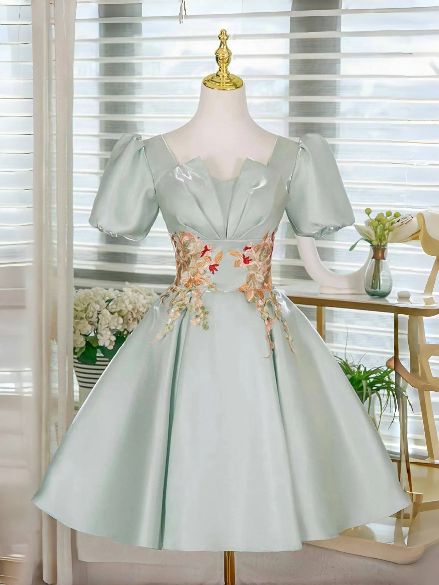 Light Green Satin Lace Applique Short Prom Dress, Cute Homecoming Dress - Deanwangkt