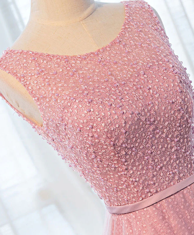 A Line Round Neck Tulle Long Prom Dress, Lace Evening Dress - Deanwangkt