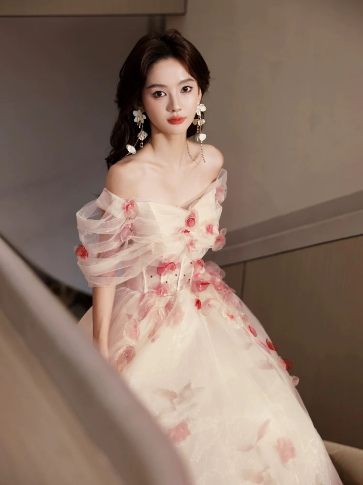 A-Line Off Shoulder Tulle Champagne Long Prom Dress, Champagne Long Formal Dress - Deanwangkt