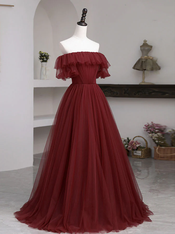 Simple Burgundy A line Long Prom Dresses, Burgundy Bridesmaid Dresses - Deanwangkt