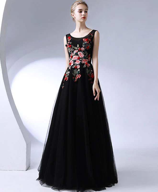 Black Round Neck Long Prom Dress, Black Evening Dress - Deanwangkt