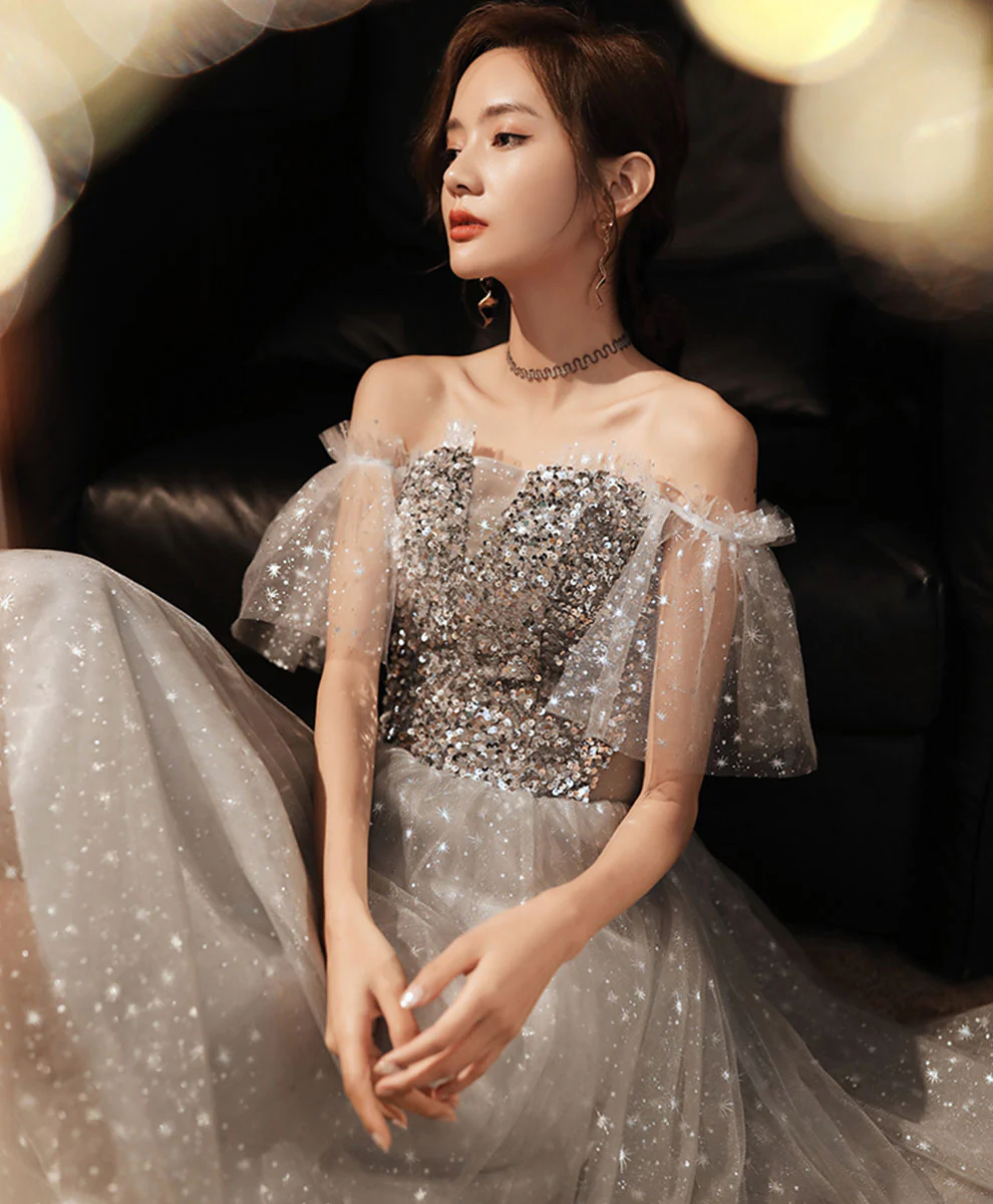 Gray Tulle Sequin Short Prom Dress Gray Homecoming Dress - Deanwangkt