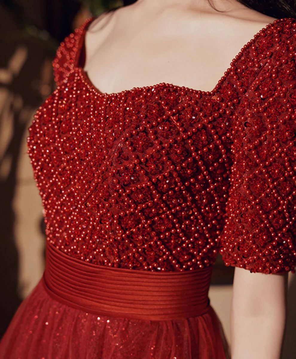 Burgundy Aline Beading Long Prom Dress, Burgundy Tulle Formal Dress - Deanwangkt