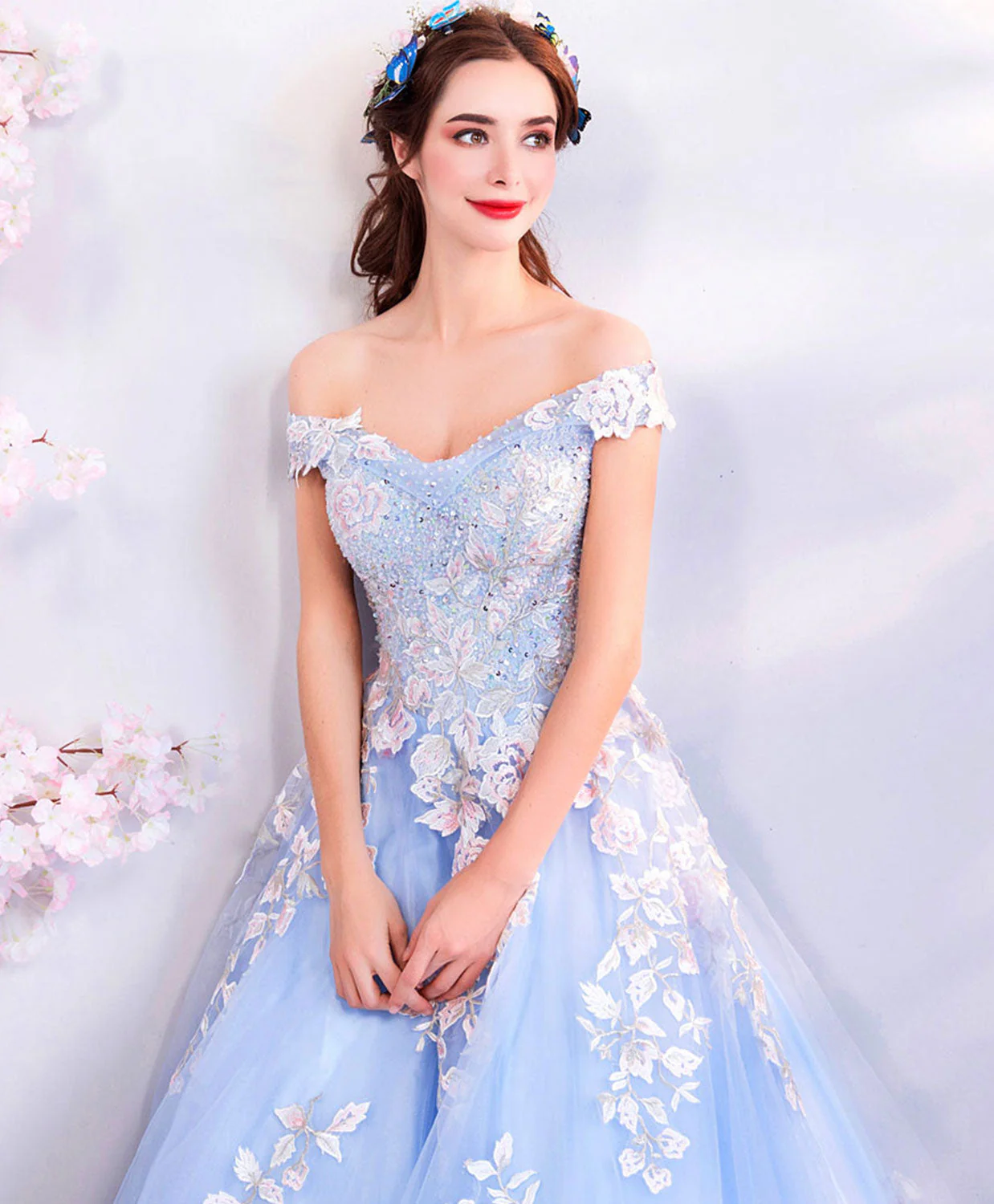 Blue Off Shoulder Tulle Lace Applique Long Prom Dress, Blue Evening Dress - Deanwangkt