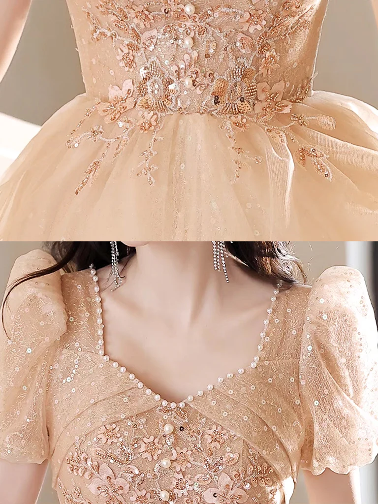 A-Line Champagne Tulle Lace Long Prom Dress, Champagne Long Formal Dress - Deanwangkt