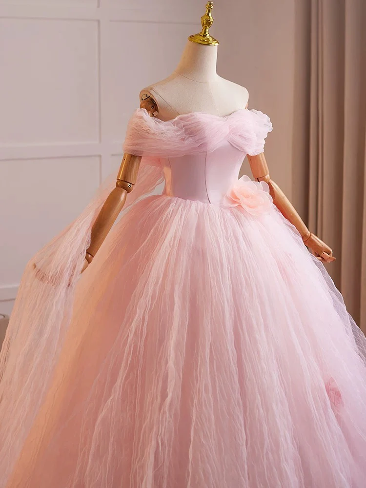 A-Line Off Shoulder Tulle Pink Long Prom Dress, Pink Tulle Long Sweet 16 Dress - Deanwangkt