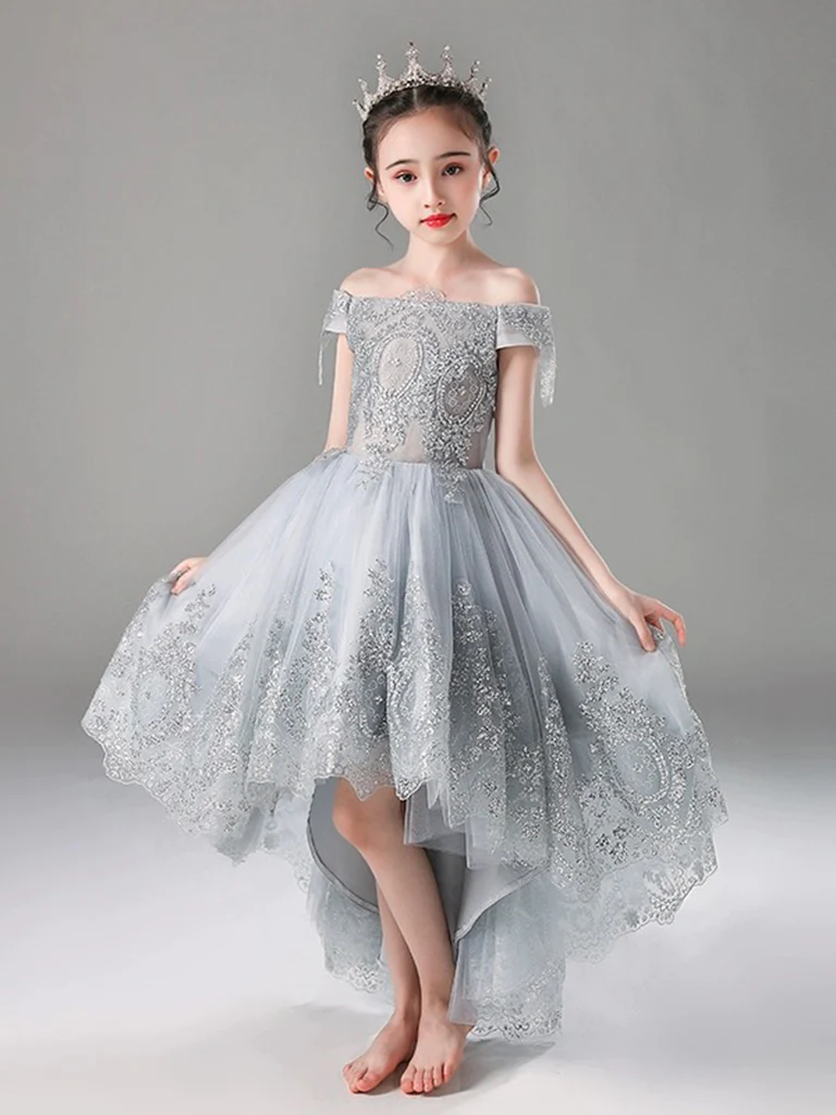 A-Line Gray Tulle Lace High Low Flower Girl Dress - Deanwangkt