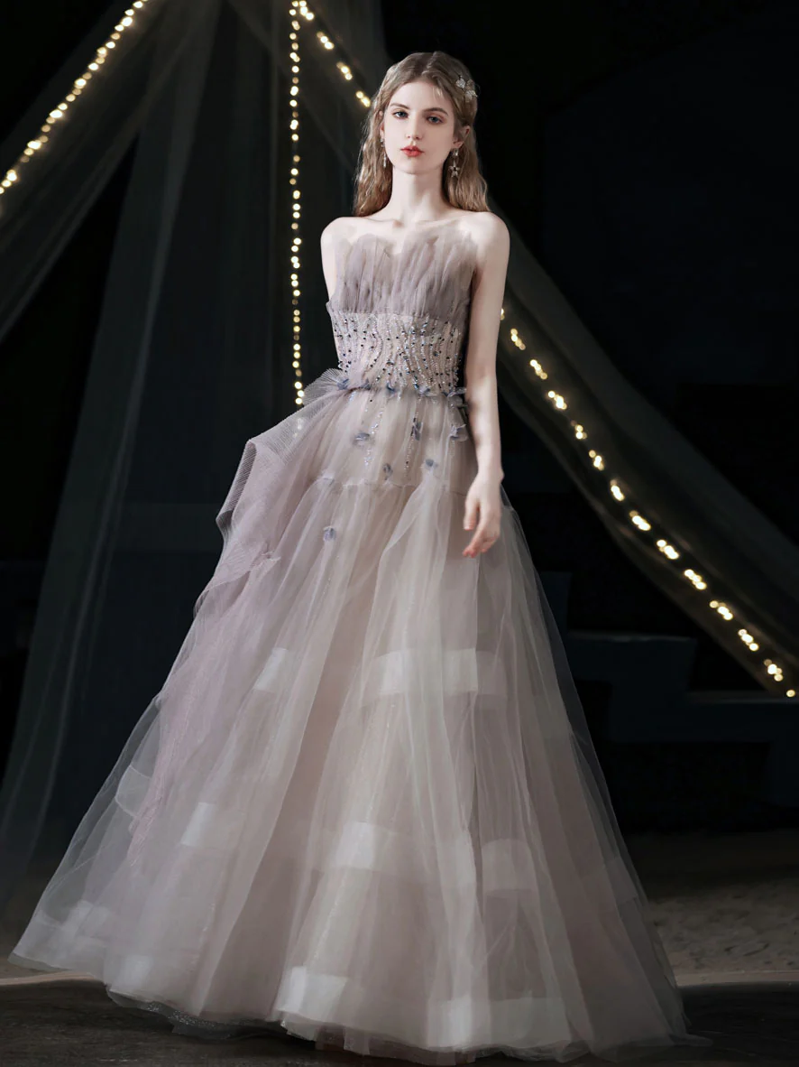 Unique Tulle Beads Long Prom Dress, Light Purple Tulle Evening Dress - Deanwangkt