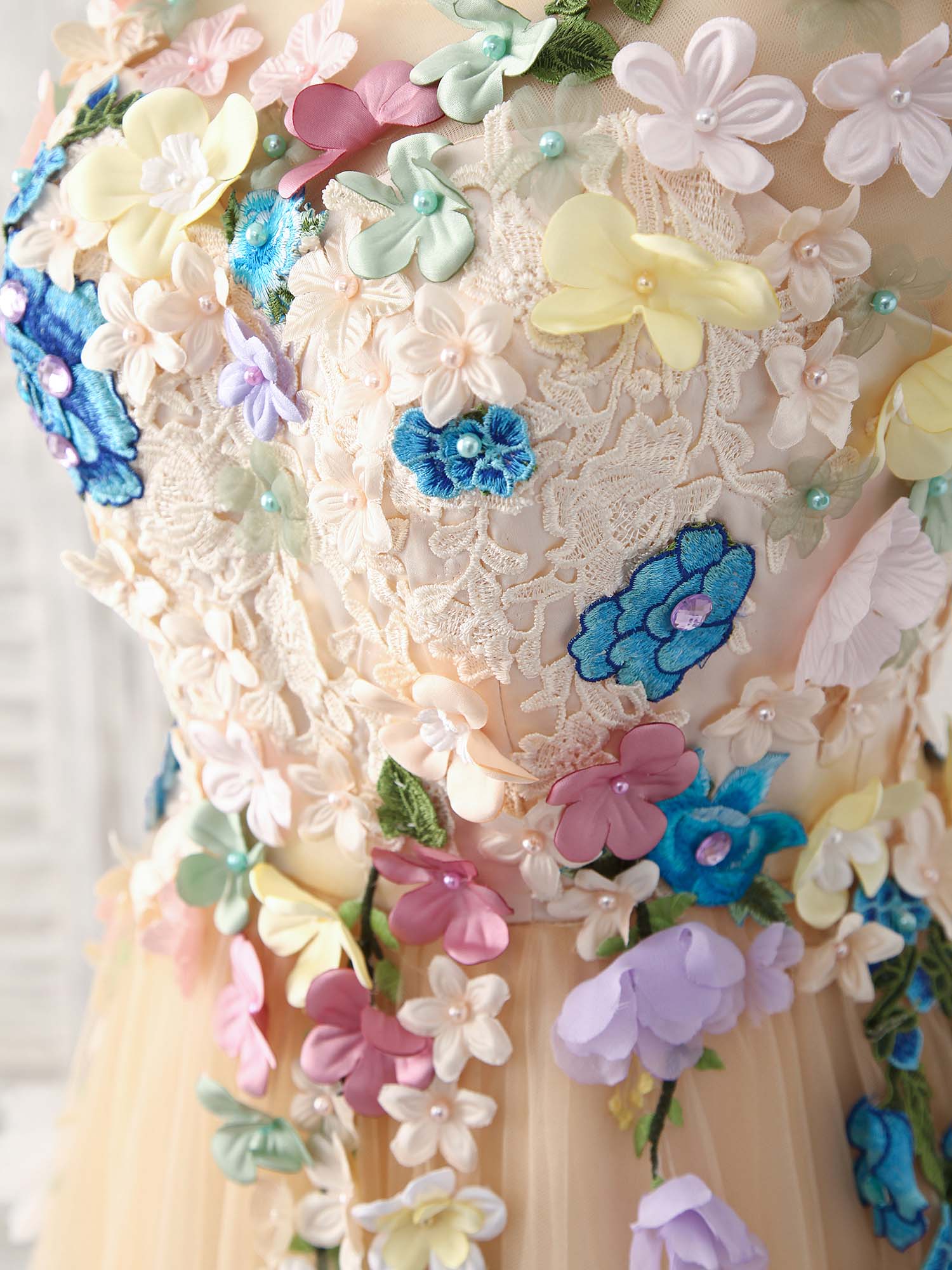 Champagne Tulle Lace Applique Long Prom Dress, Evening Dress - Deanwangkt