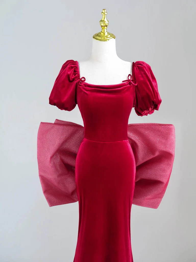 Mermaid Velvet Short Sleeve Burgundy Long Prom Dress, Burgundy Long Formal Dress - Deanwangkt