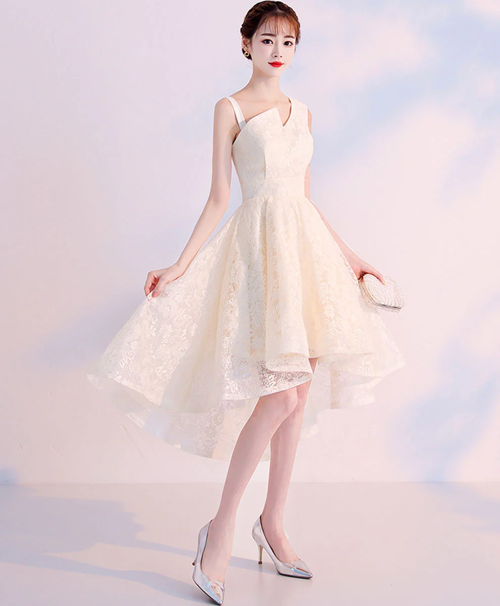 Champagne Lace High Low Prom Dress Lace Cocktail Dress, Cute Homecoming Dress - Deanwangkt