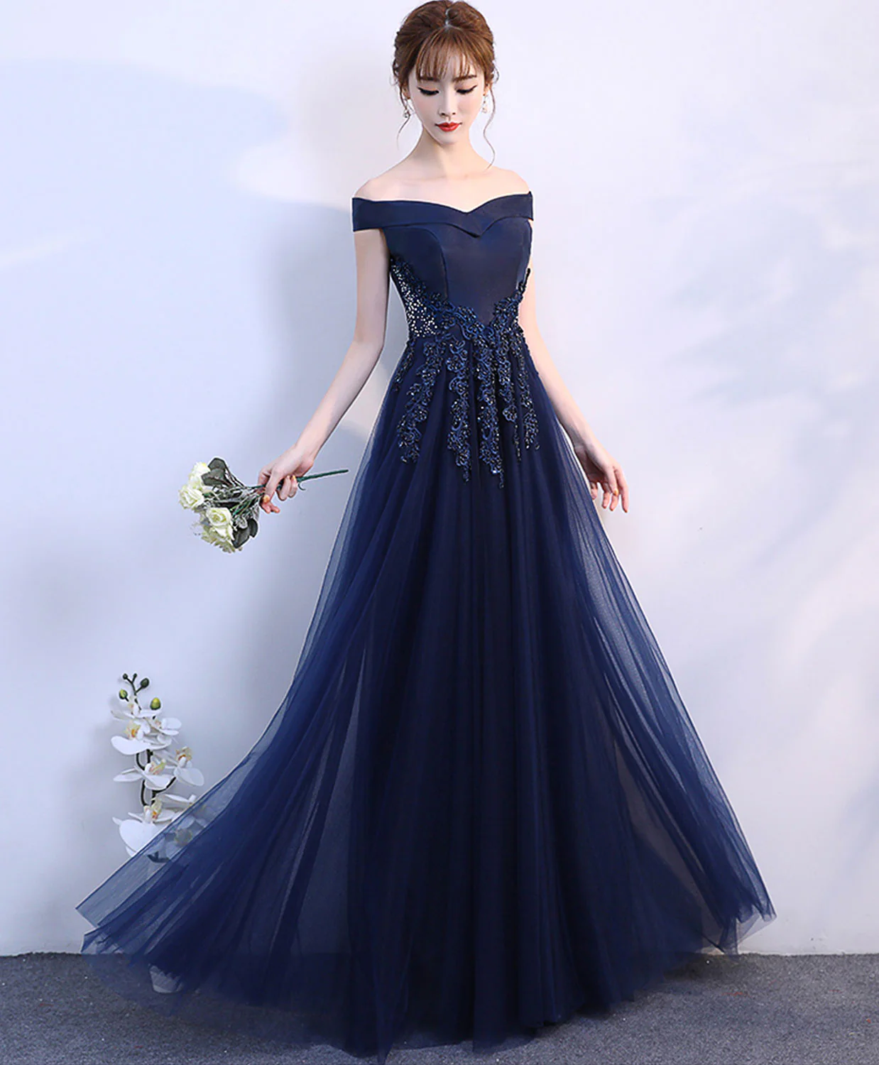 Dark Blue Off Shoulder Long Prom Dress, Blue Evening Dress - Deanwangkt