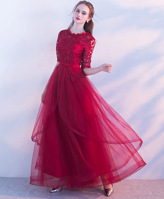 Burgundy Tulle Lace Long Prom Dress, Burgundy Tulle Evening Dress - Deanwangkt