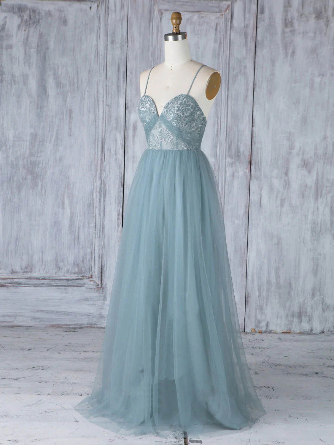 Simple Sweetheart Neck Tulle Lace Long Prom Dresses, Gray Blue Bridesmaid Dresses - Deanwangkt