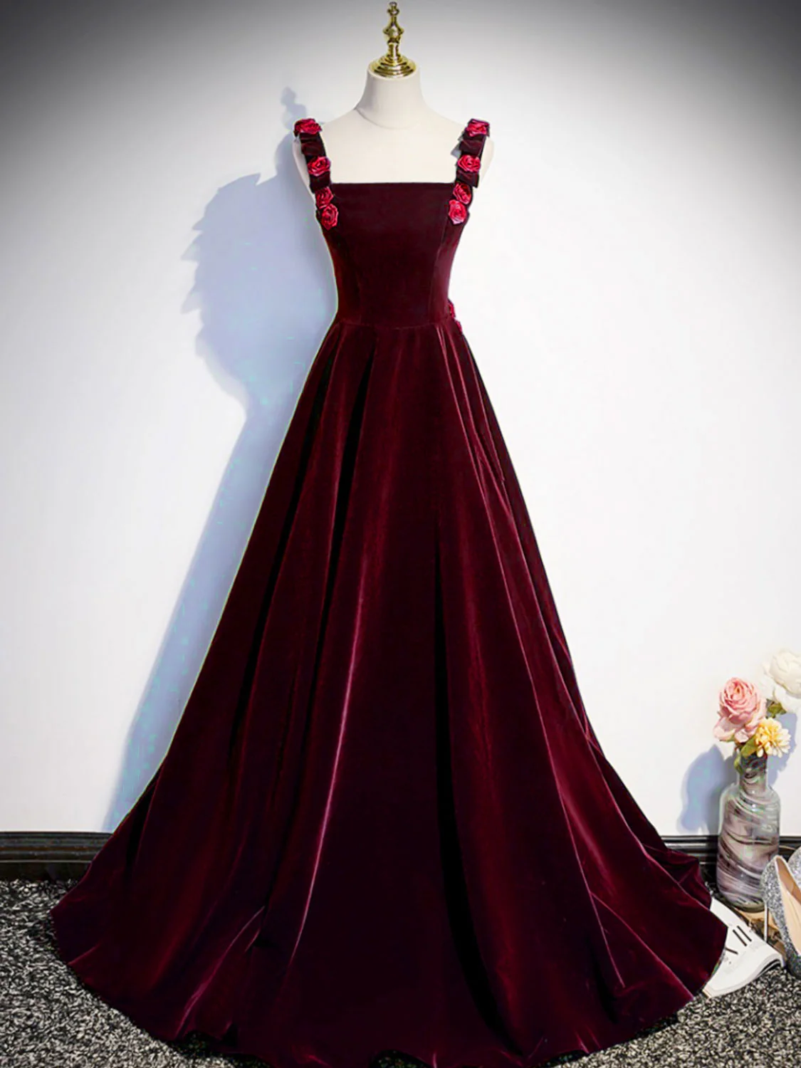 A-Line Velvet Green Long Prom Dresses, Green Formal Evening Dresses - Deanwangkt