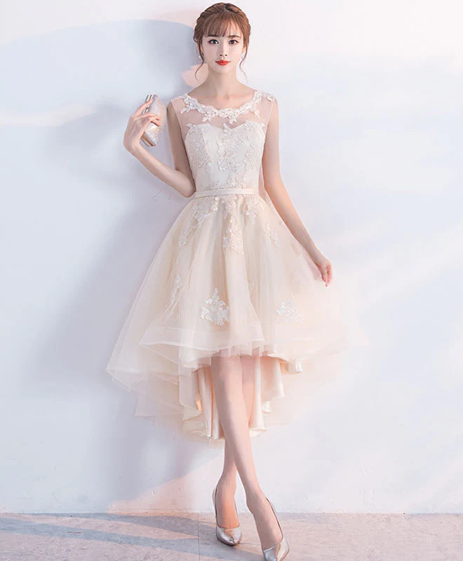 Champagne Tulle Lace Short Prom Dress, High Low Evening Dress - Deanwangkt